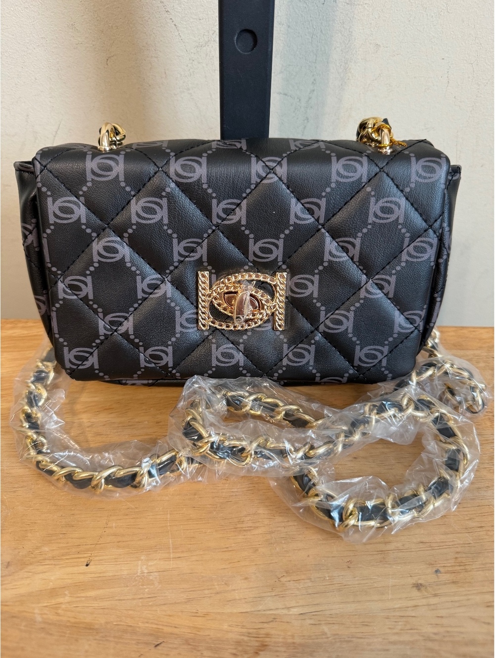 Bebe Quilted Logo Crossbody Bag with Gold Chain Strap